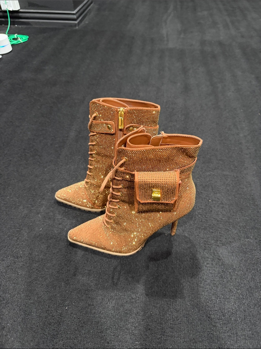 Embellished Tan Lace-Up Ankle Boots with Side Pocket